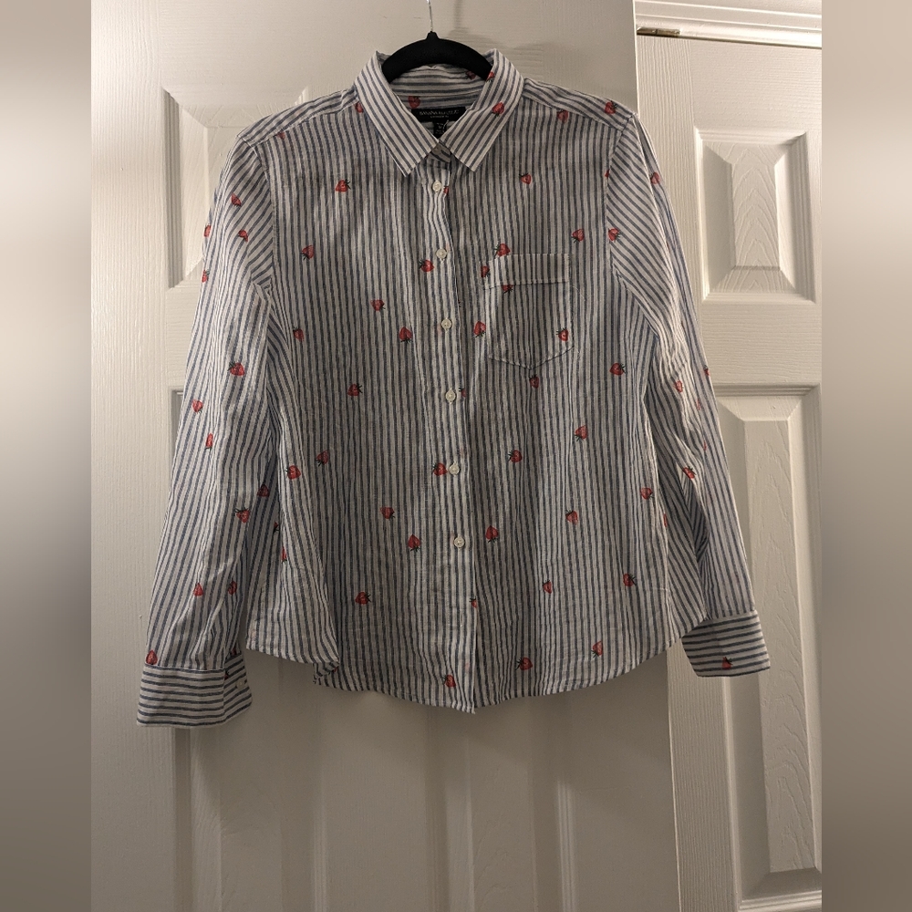 NWT Banana Republic Linen Cotton Shirt Blue Stripe Strawberry Size MP